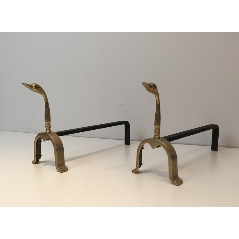 Pair of vintage brass duck andirons, 1970