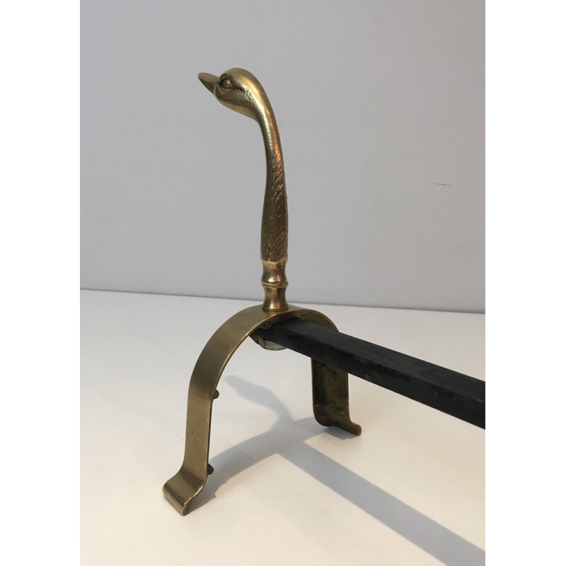 Pair of vintage brass duck andirons, 1970