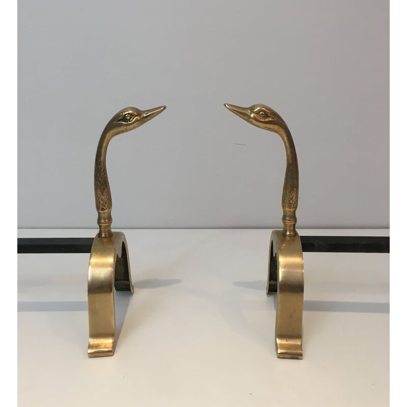 Pair of vintage brass duck andirons, 1970