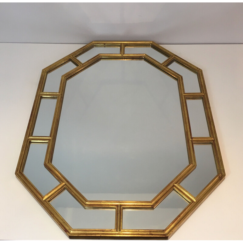 Specchio ottagonale vintage in resina dorata, 1970