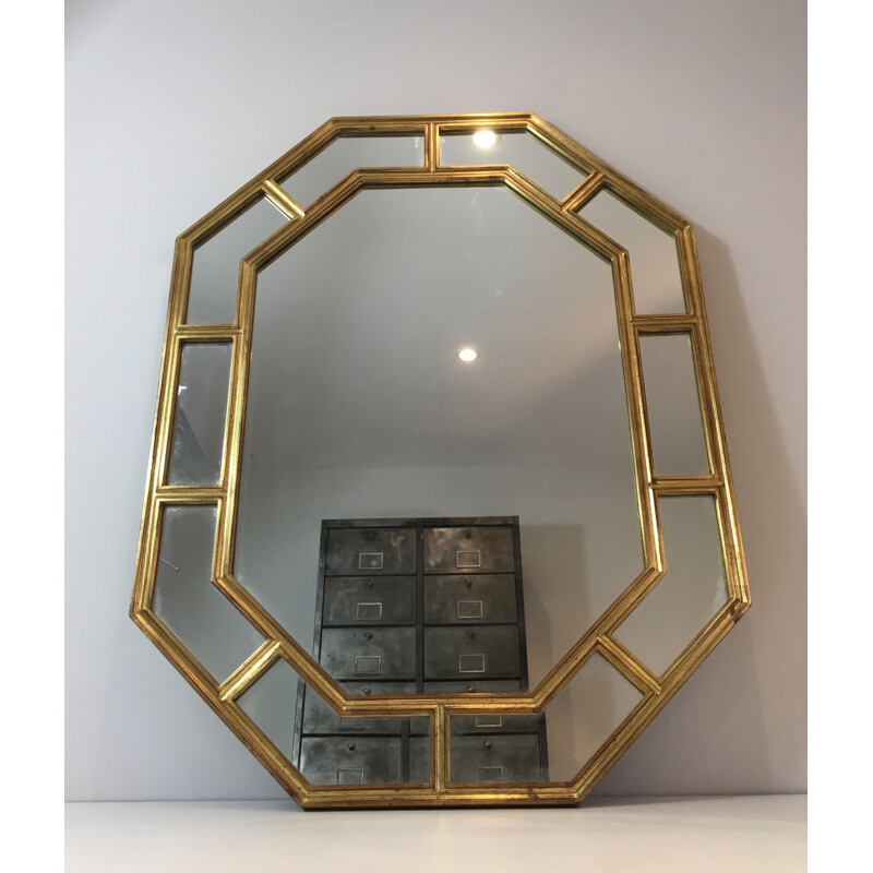 Espelho octogonal vintage em resina dourada, 1970