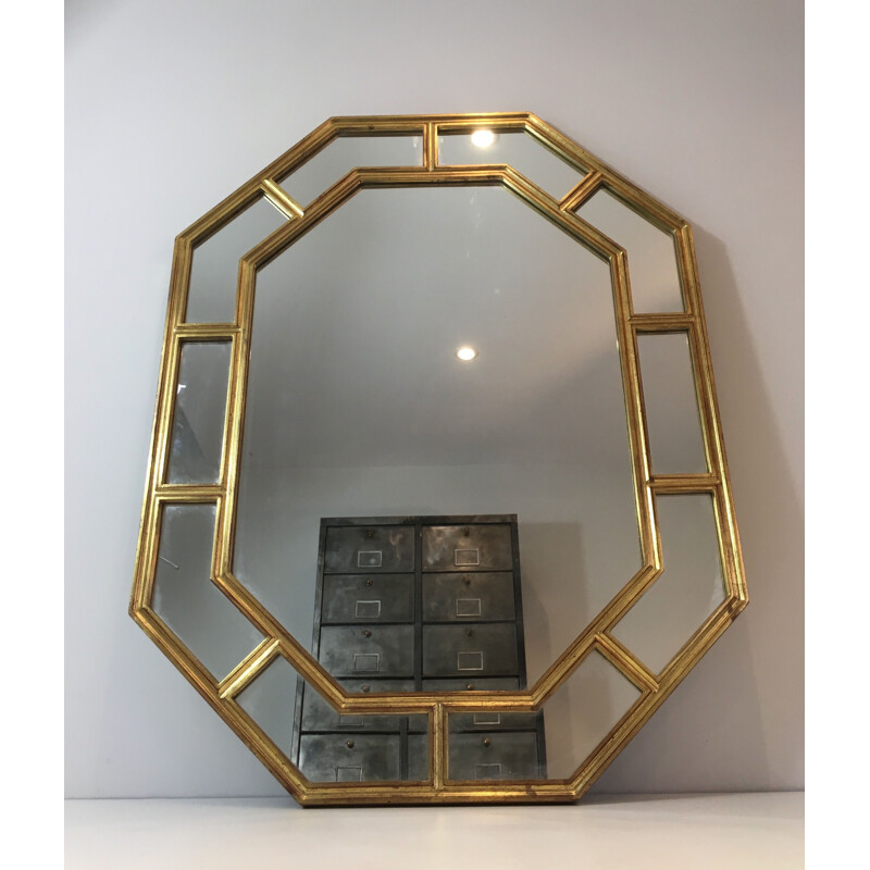 Vintage octagonal mirror in gold resin, 1970