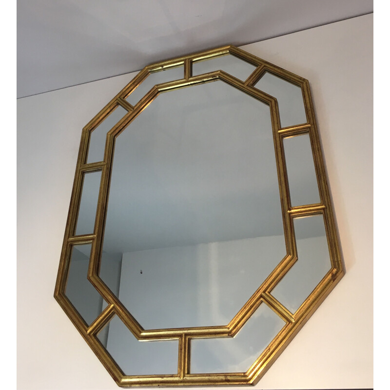 Miroir vintage octogonal en résine dorée, 1970