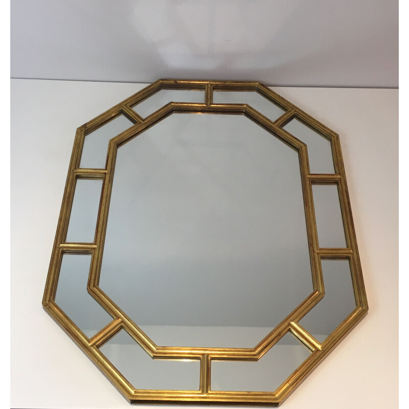 Miroir vintage octogonal en résine dorée, 1970