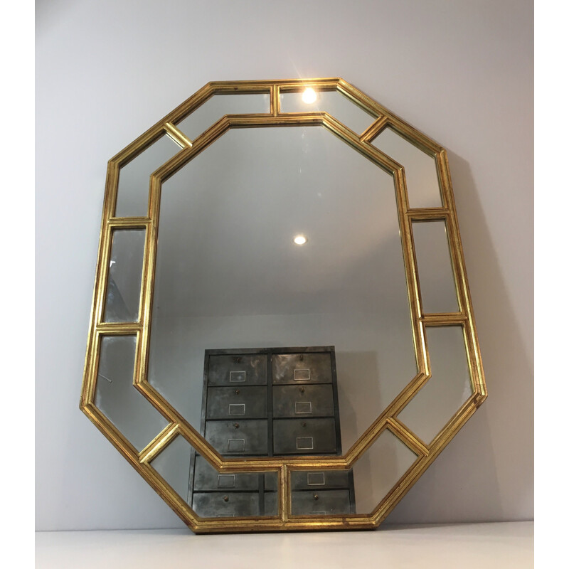 Vintage achthoekige spiegel in gouden hars, 1970