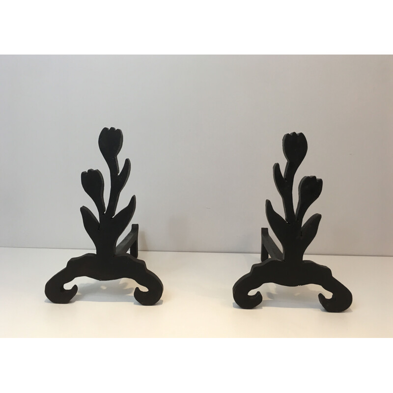 Pair of vintage Chenets Bouquet of Tulips in Cast Iron and Wrought Iron 1970
