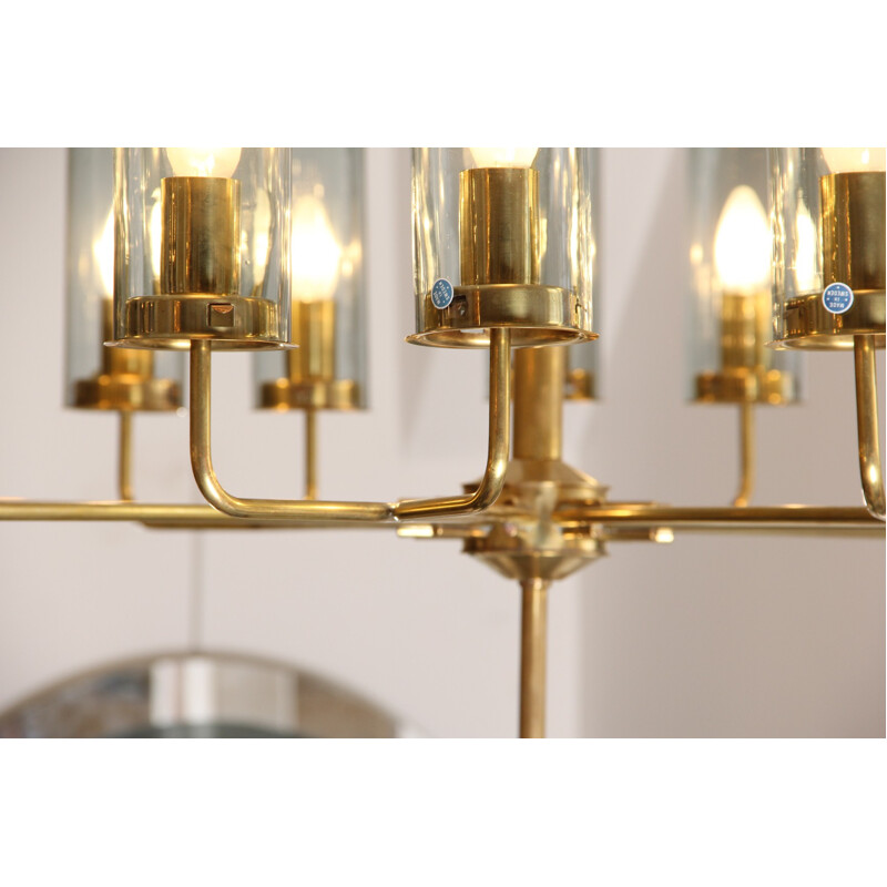 Large Scandinavian chandelier in brass and glass, Hans- Agne JAKOBSSON - 1960s