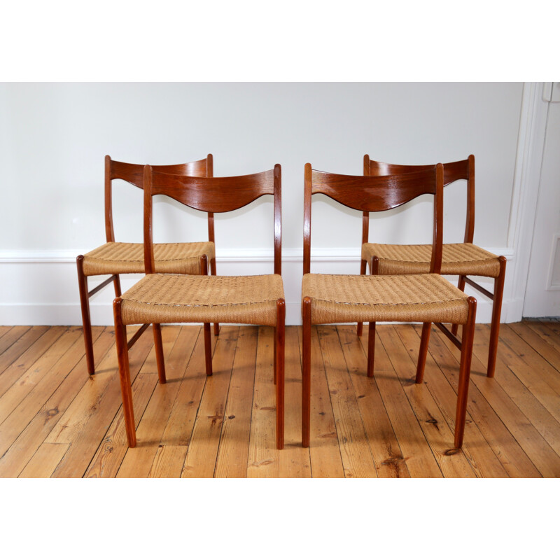 Série de 4 chaises vintage teck en corde Arne Wahl Iversen scandinaves 1960