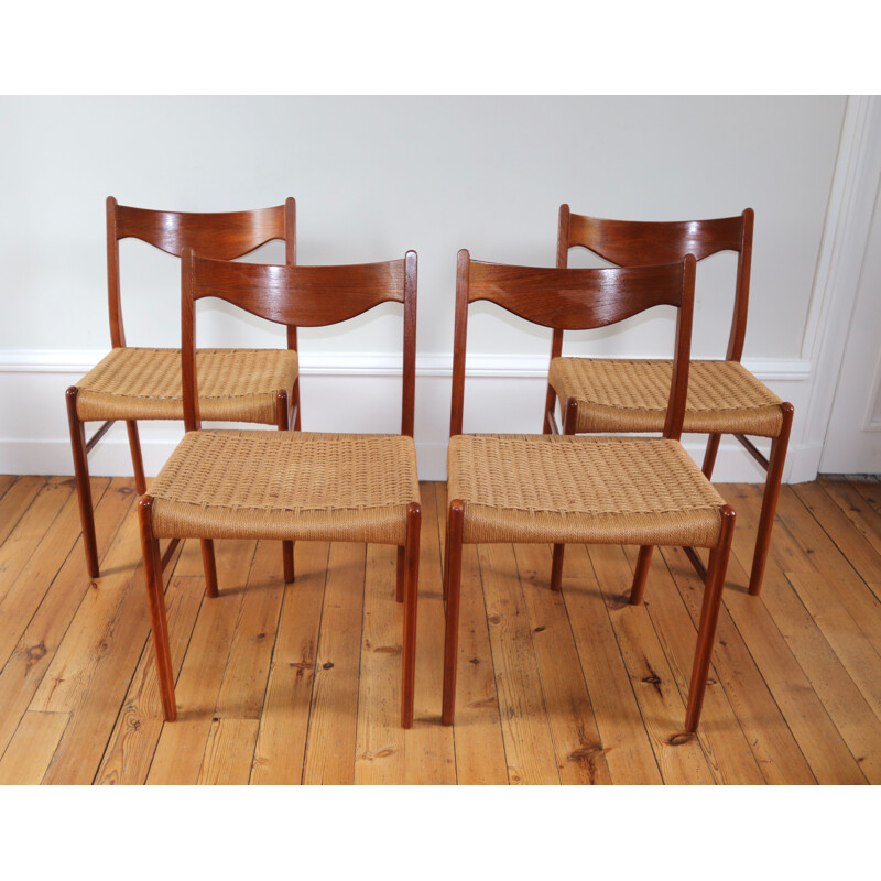 Série de 4 chaises vintage teck en corde Arne Wahl Iversen scandinaves 1960