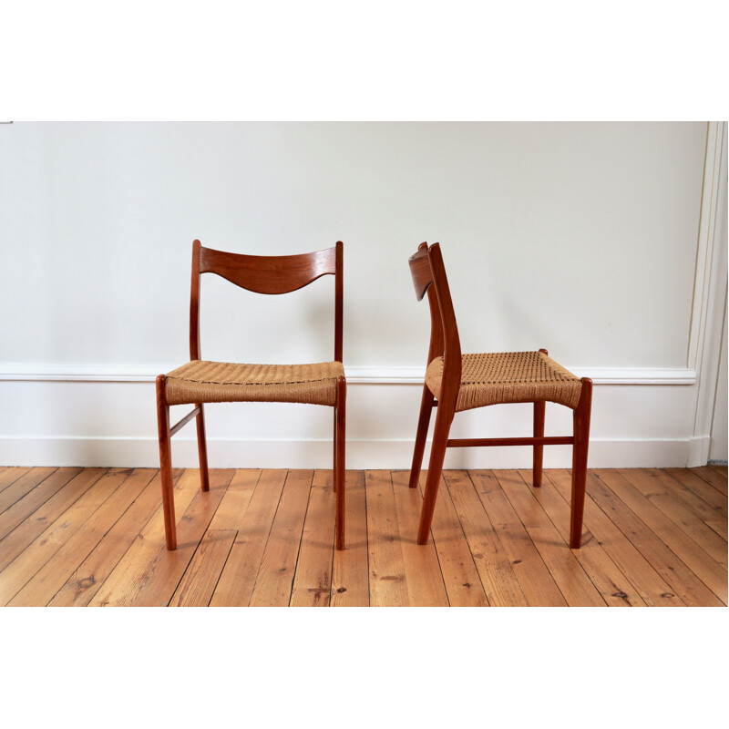 Set of 4 vintage teak rope chairs Arne Wahl Iversen scandinavian 1960s