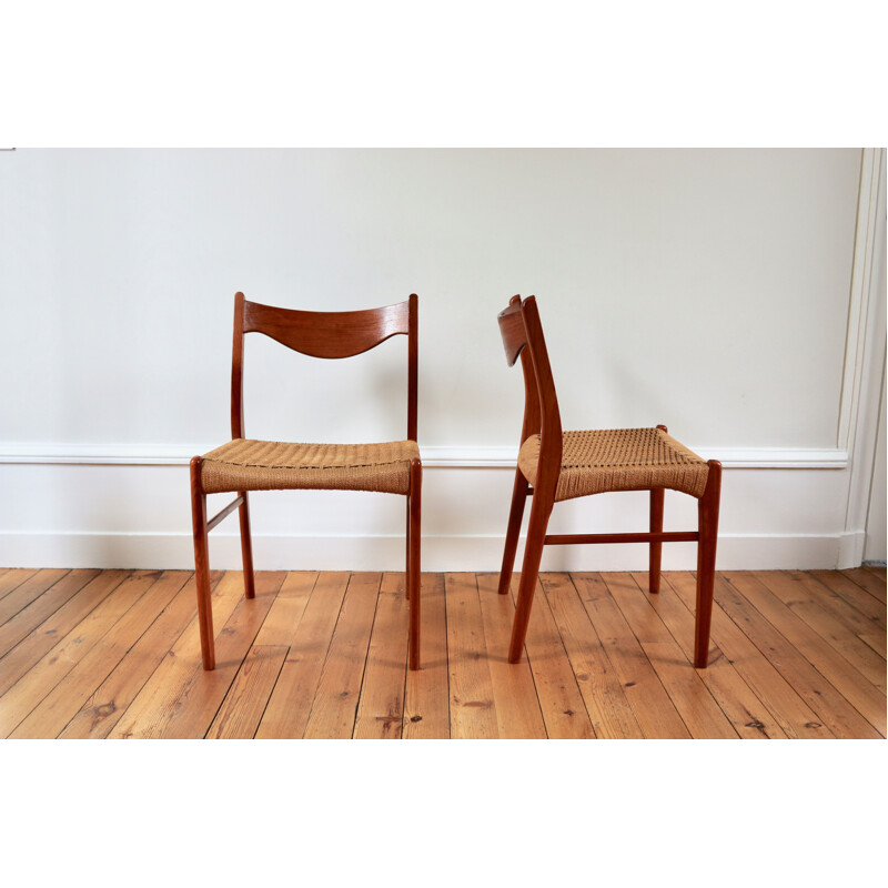 Série de 4 chaises vintage teck en corde Arne Wahl Iversen scandinaves 1960