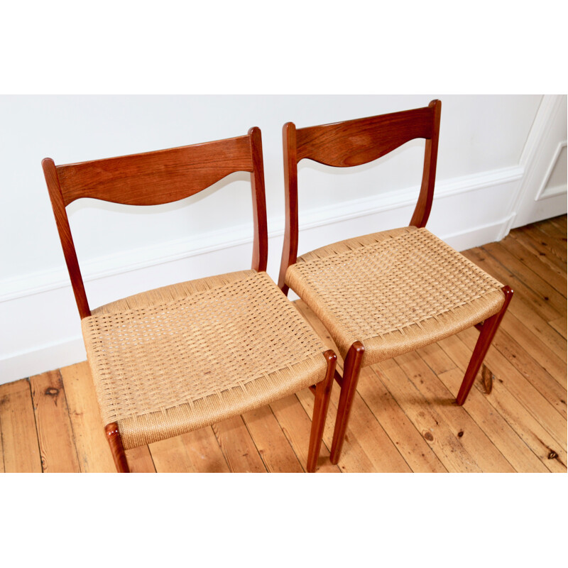 Set of 4 vintage teak rope chairs Arne Wahl Iversen scandinavian 1960s