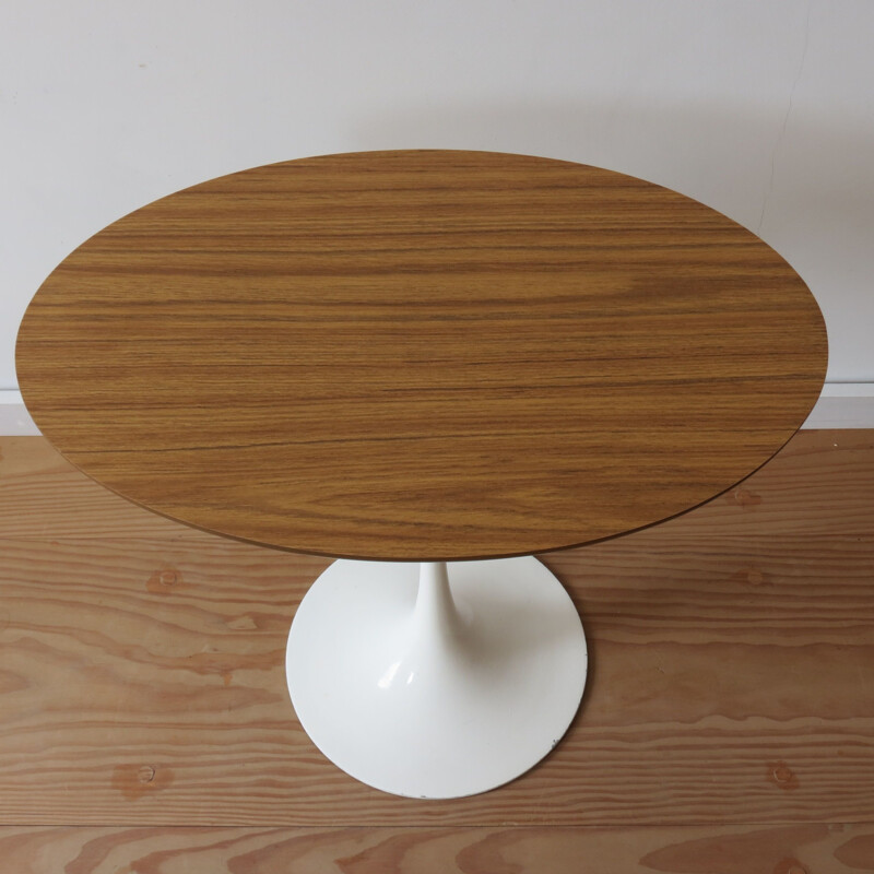 Vintage Oval Tulip Side Table With Wooden Teak Top  by Maurice Burke for Arkana 1960s