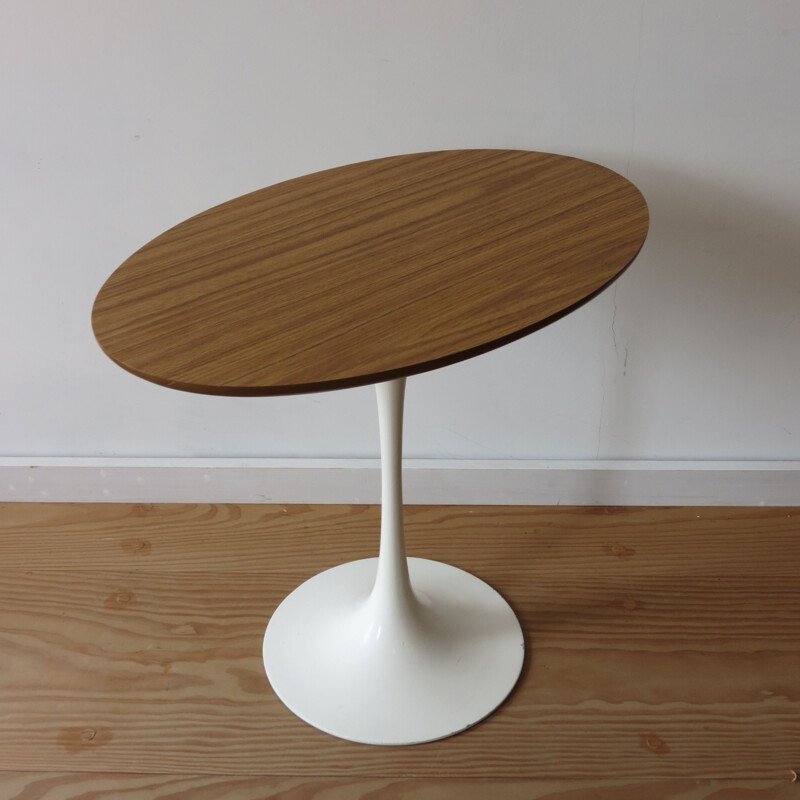 Vintage Oval Tulip Side Table With Wooden Teak Top  by Maurice Burke for Arkana 1960s