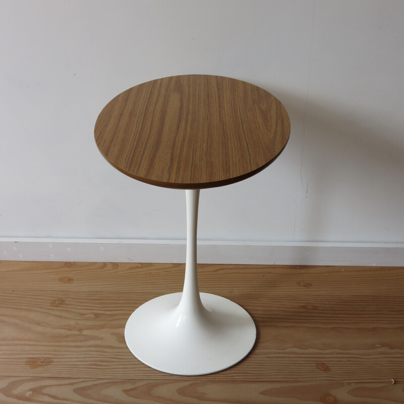 Vintage Oval Tulip Side Table With Wooden Teak Top  by Maurice Burke for Arkana 1960s