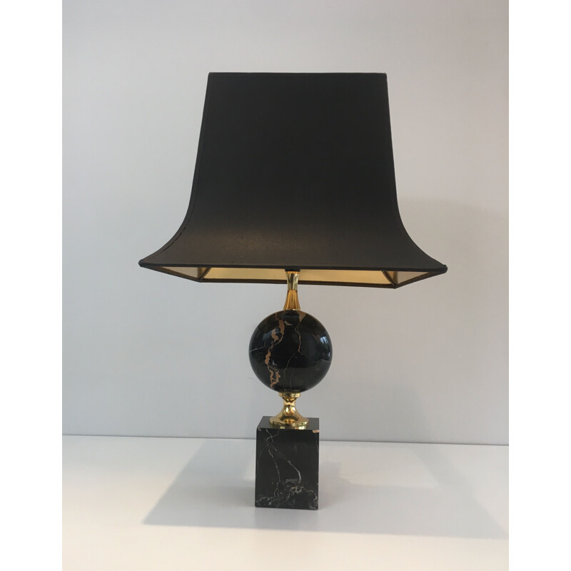 Lampe vintage en Marbre Noir et Métal Doré 1970