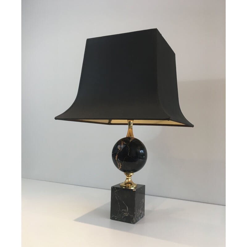 Lampe vintage en Marbre Noir et Métal Doré 1970