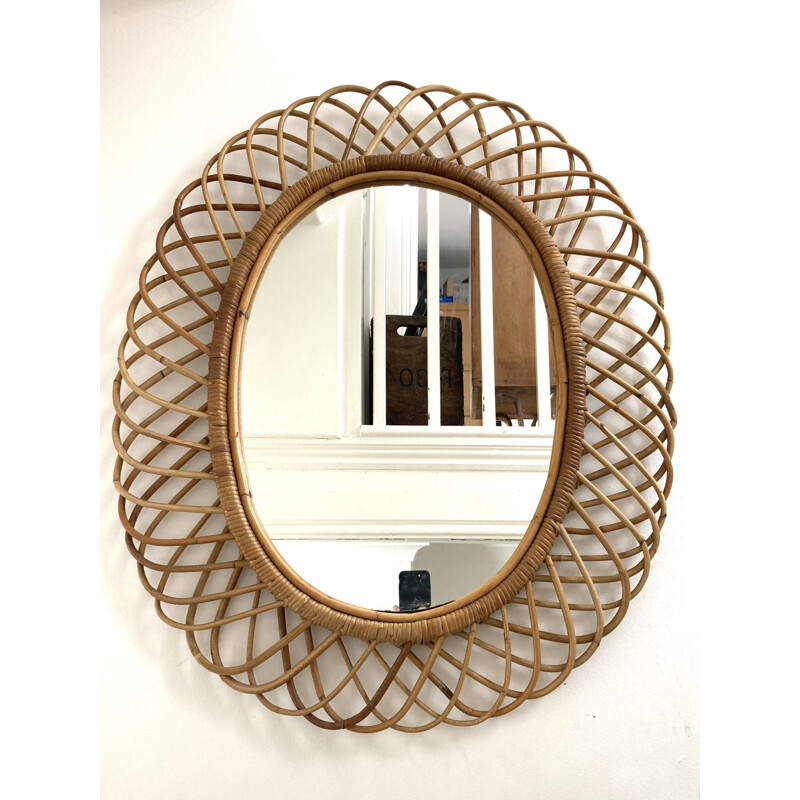 Large vintage  rattan wall mirror Italian 1960s