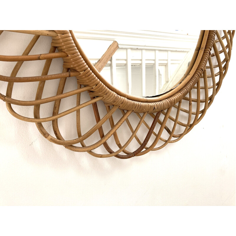 Large vintage  rattan wall mirror Italian 1960s