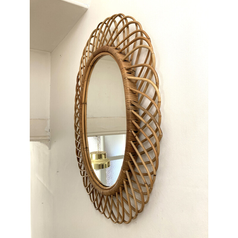 Large vintage  rattan wall mirror Italian 1960s