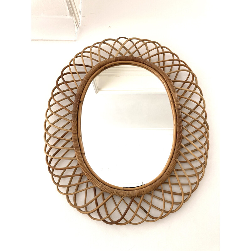 Large vintage  rattan wall mirror Italian 1960s