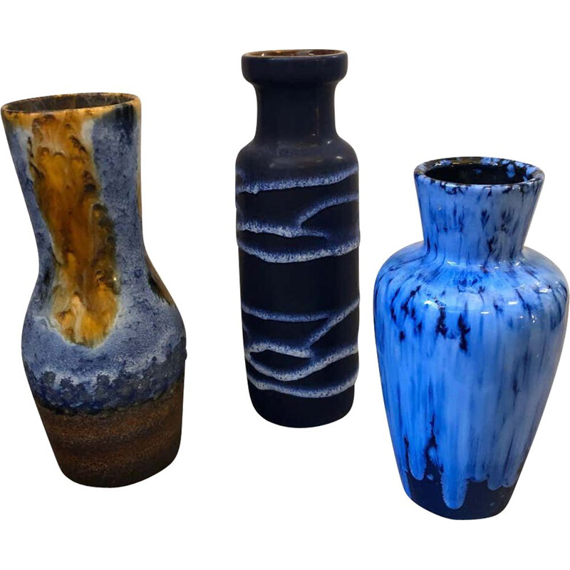 Set of 3 vintage Scheurich Lava Ceramic German Vases, 1970