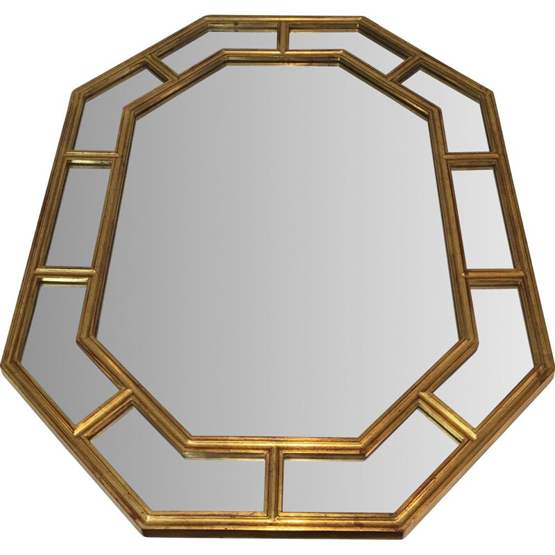 Espelho octogonal vintage em resina dourada, 1970