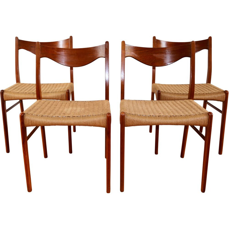 Set of 4 vintage teak rope chairs Arne Wahl Iversen scandinavian 1960s