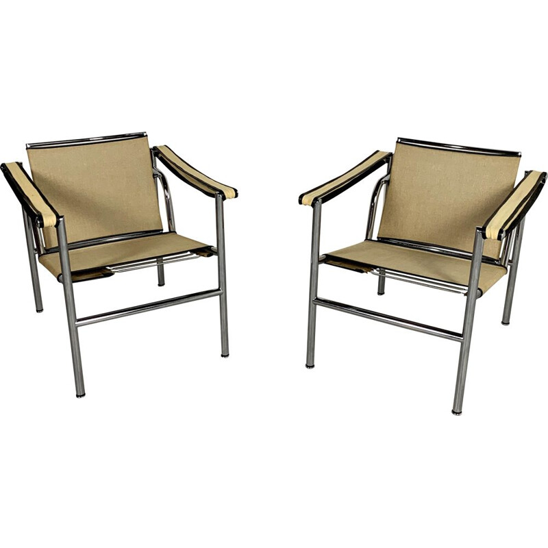 Pair of vintage  Beige LC1 Armchairs by Le Corbusier for Cassina, 1970s