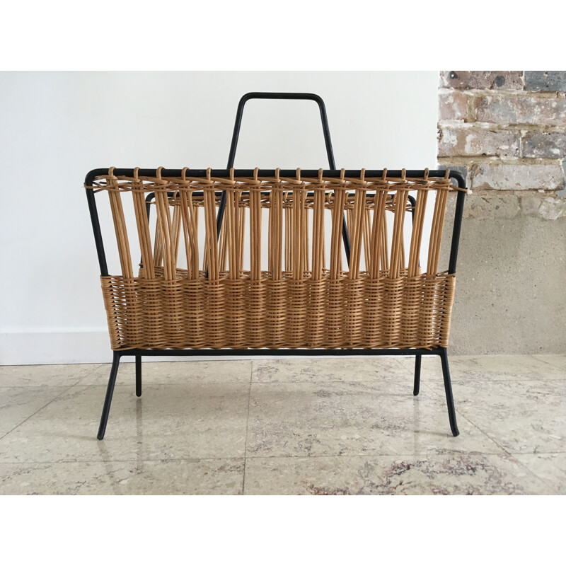 Vintage Steel and geometric rattan magazine rack 1950