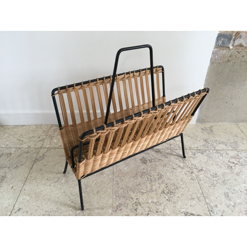 Vintage Steel and geometric rattan magazine rack 1950