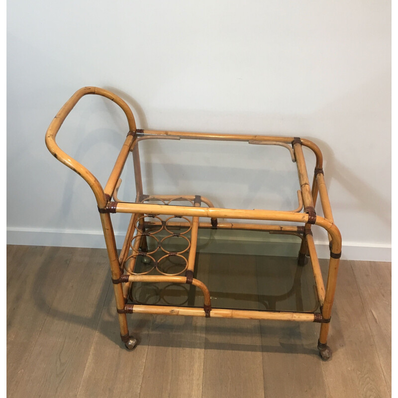 Rattan and leather vintage cart, France 1950