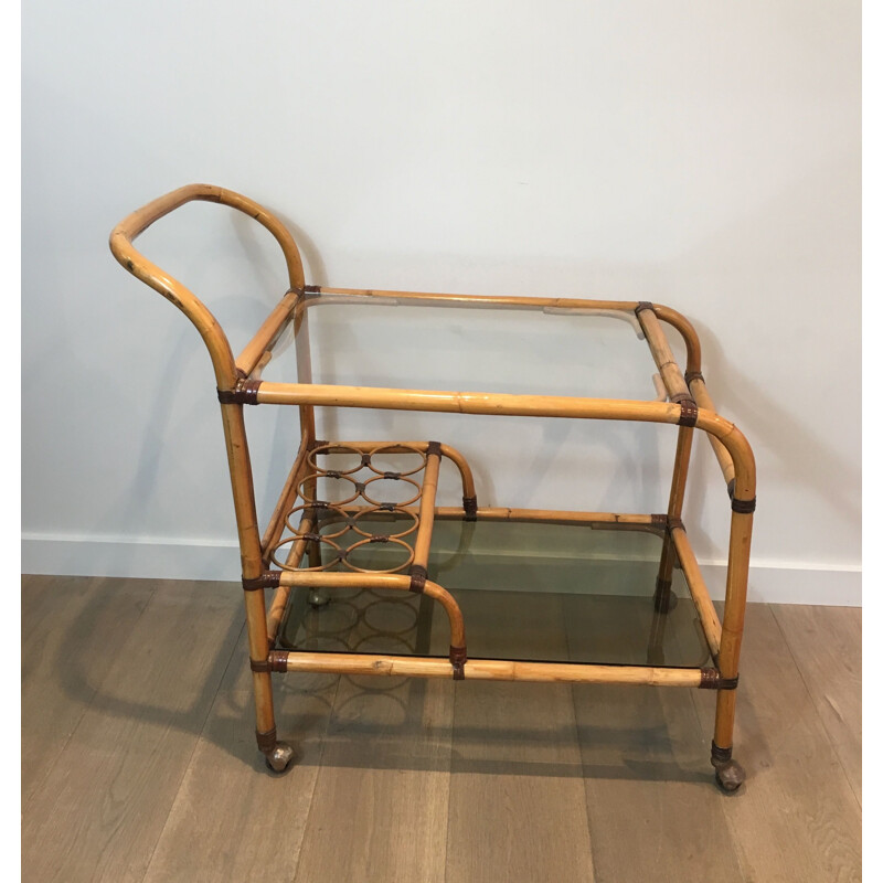 Rattan and leather vintage cart, France 1950