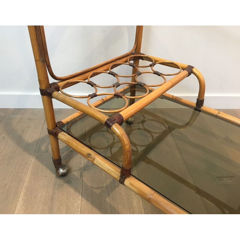 Rattan and leather vintage cart, France 1950