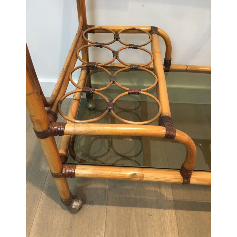 Carrello vintage in vimini e pelle, Francia 1950