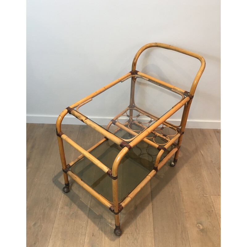 Rattan and leather vintage cart, France 1950