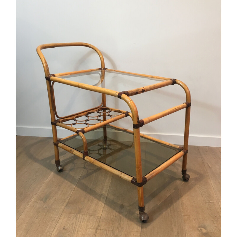 Rattan and leather vintage cart, France 1950