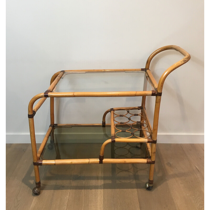 Rattan and leather vintage cart, France 1950