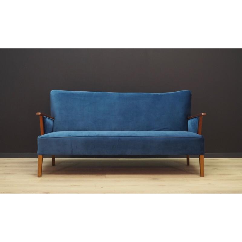 Vintage sofa blue velvet and wooden Denmark 1960