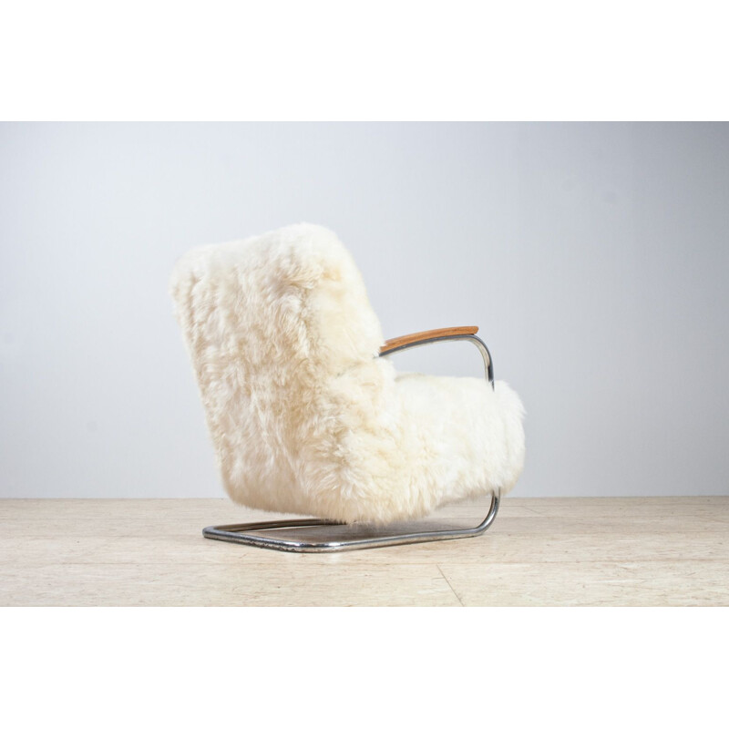Vintage Dutch Tubular Armchair by De Cirkel in White Sheepskin 1930s