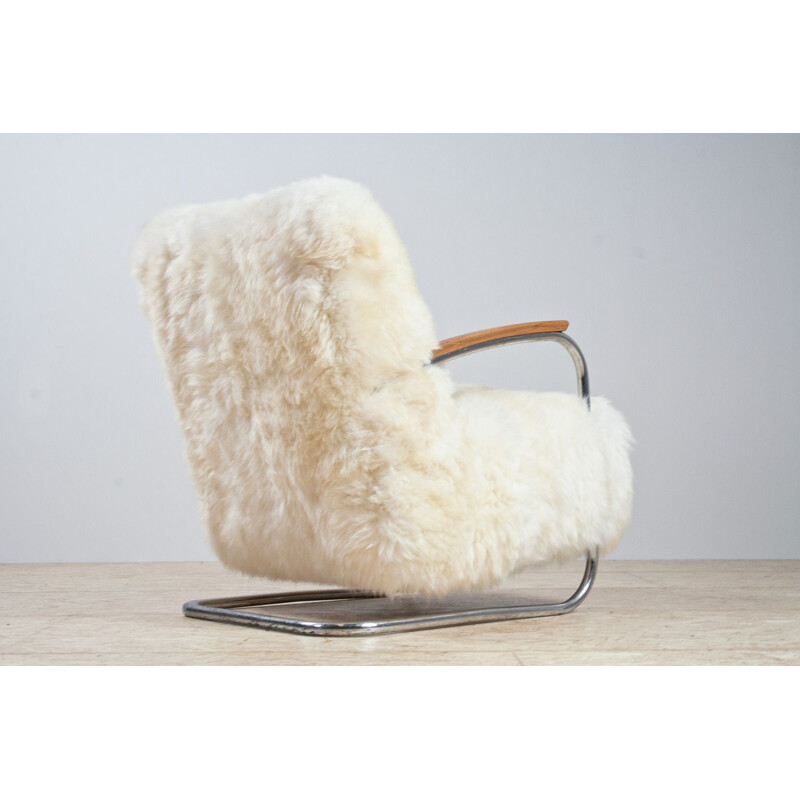 Fauteuil tubulaire vintage  hollandais de De Cirkel en peau de mouton blanc 1930