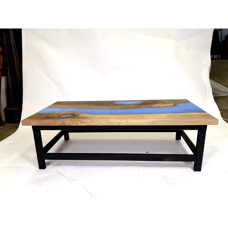 Vintage walnut coffee table with blue epoxy resin and steel legs