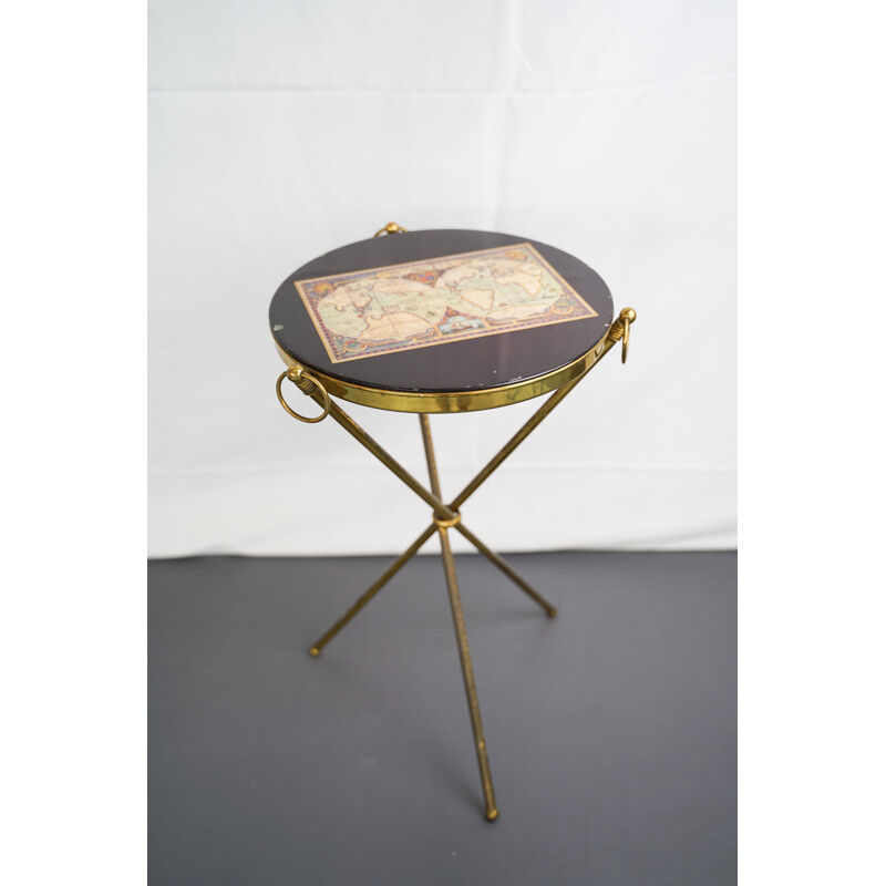 Vintage Small brass and wood tripod coffee table Italy 1950s