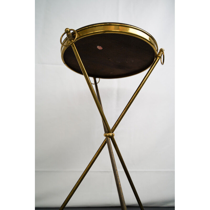 Vintage Small brass and wood tripod coffee table Italy 1950s