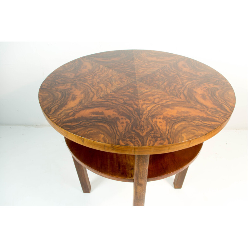 Vintage Round Coffee Table with Walnut Veneer by Jindrich Halabala 1930s