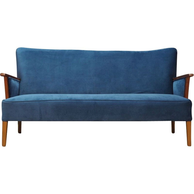 Vintage sofa blue velvet and wooden Denmark 1960