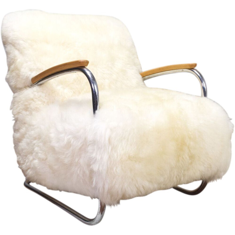 Vintage Dutch Tubular Armchair by De Cirkel in White Sheepskin 1930s