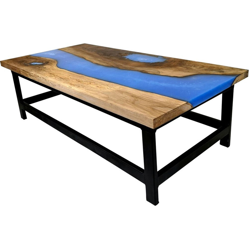 Vintage walnut coffee table with blue epoxy resin and steel legs