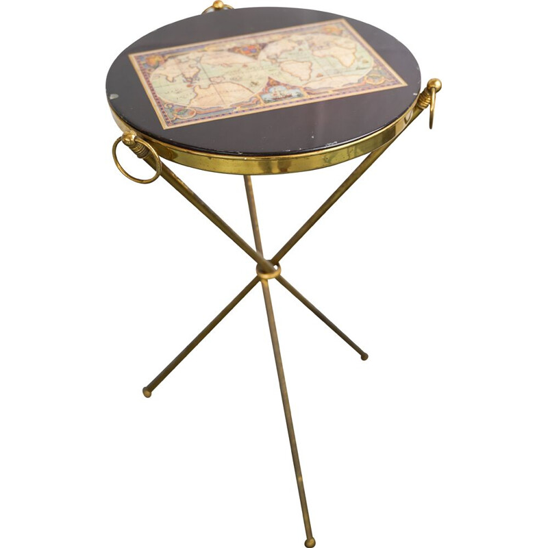 Vintage Small brass and wood tripod coffee table Italy 1950s