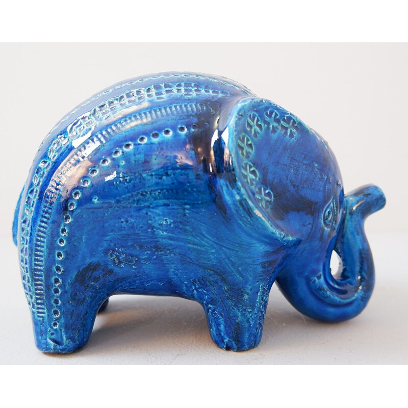 Figurine éléphant vintage Bitossi Rimini en céramique Blu d'Aldo Londi